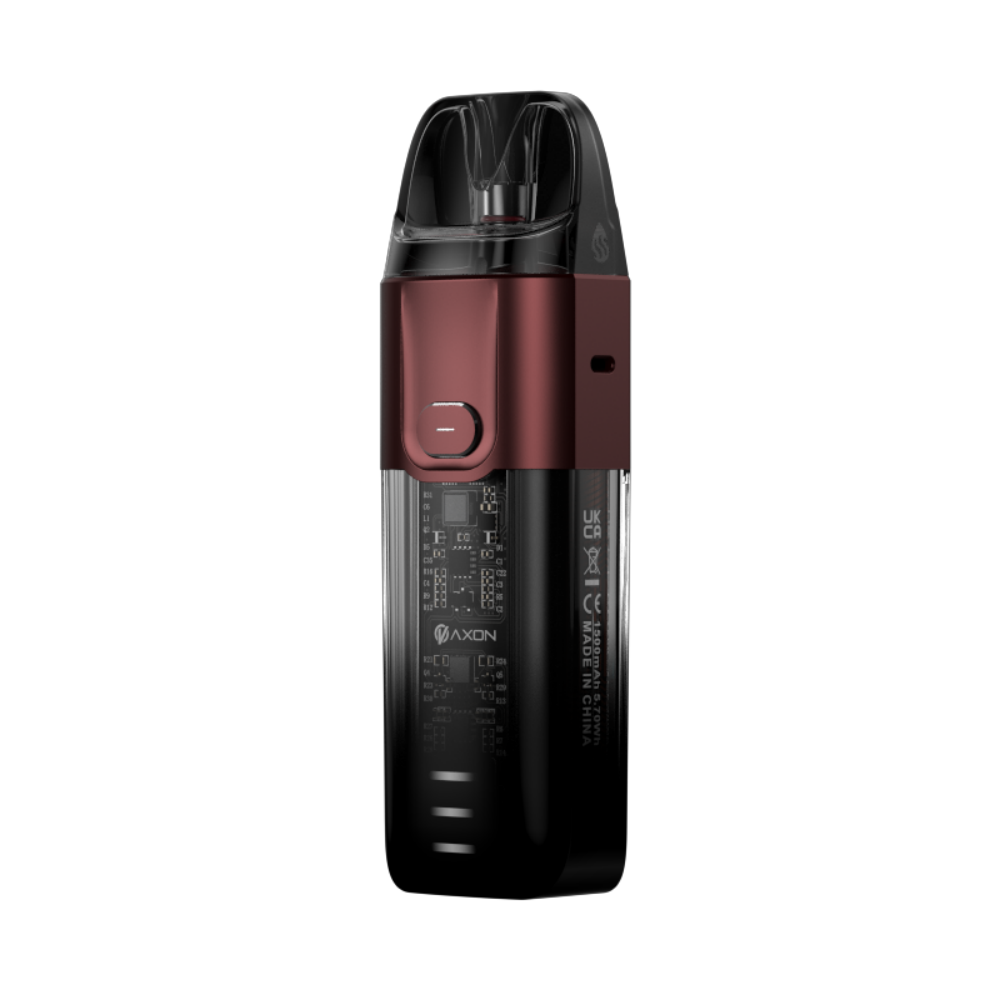 VAPORESSO LUXE X pod system in metallic red and black, transparent pod, AXON chip, 1500mAh battery, compact DTL design