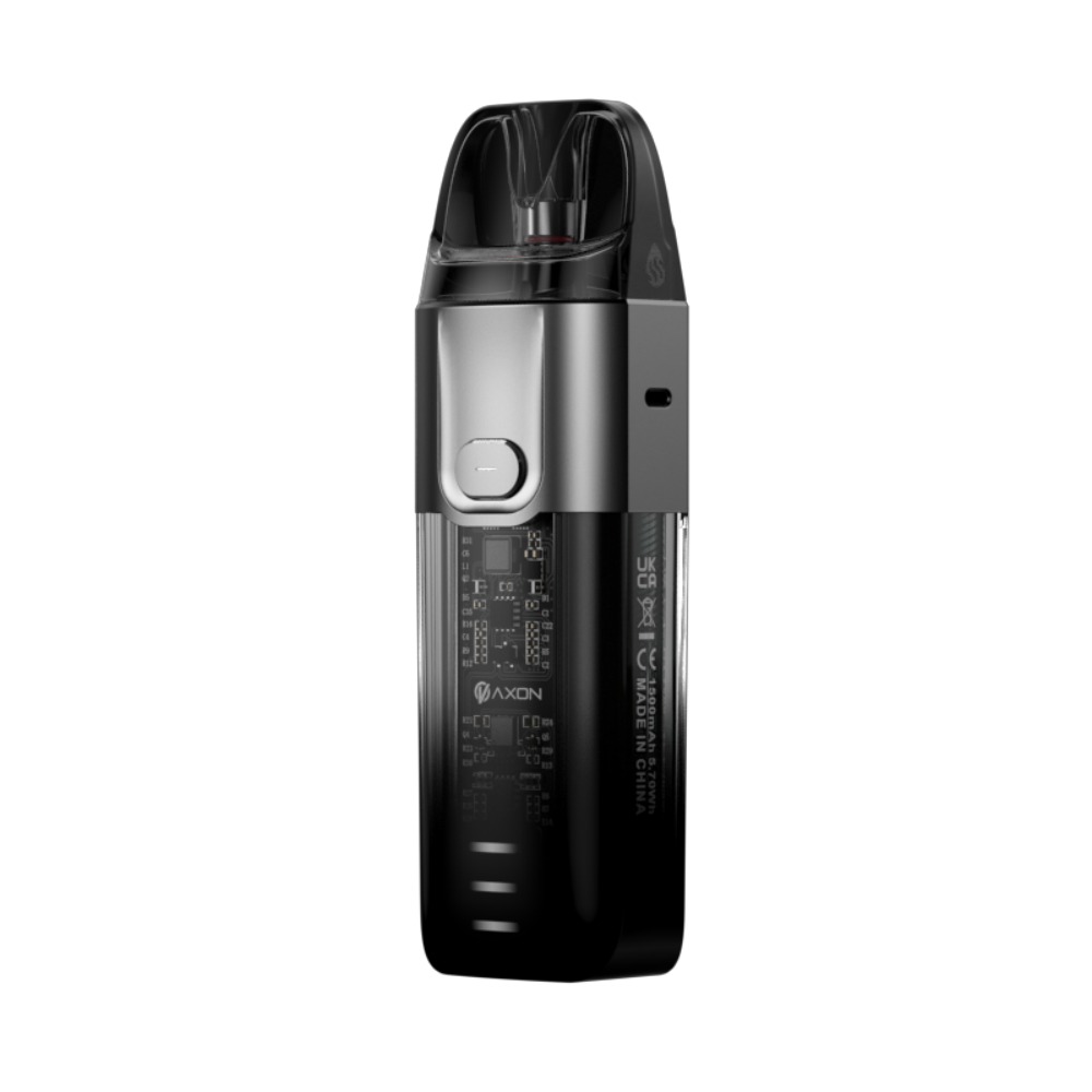 VAPORESSO LUXE X pod system, black and silver with transparent pod, featuring AXON chip and compact DTL design