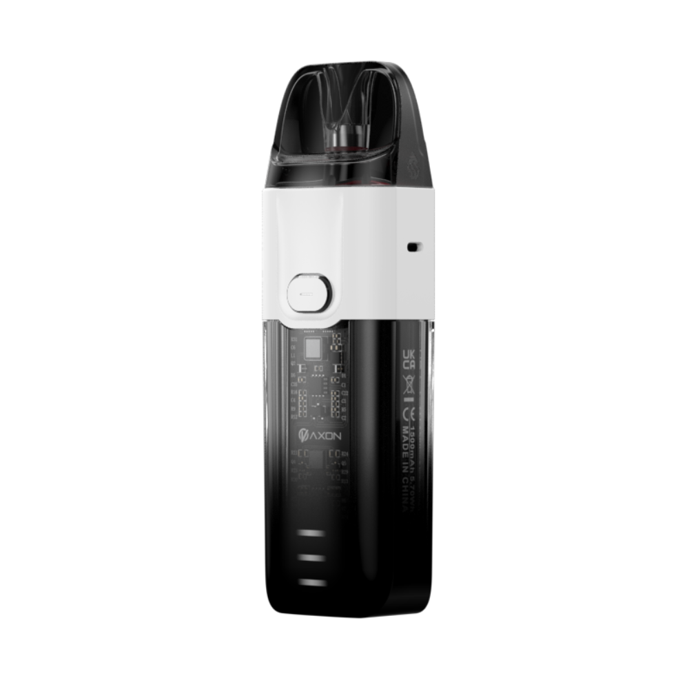 VAPORESSO LUXE X pod system in black and white, featuring AXON chip and a transparent pod