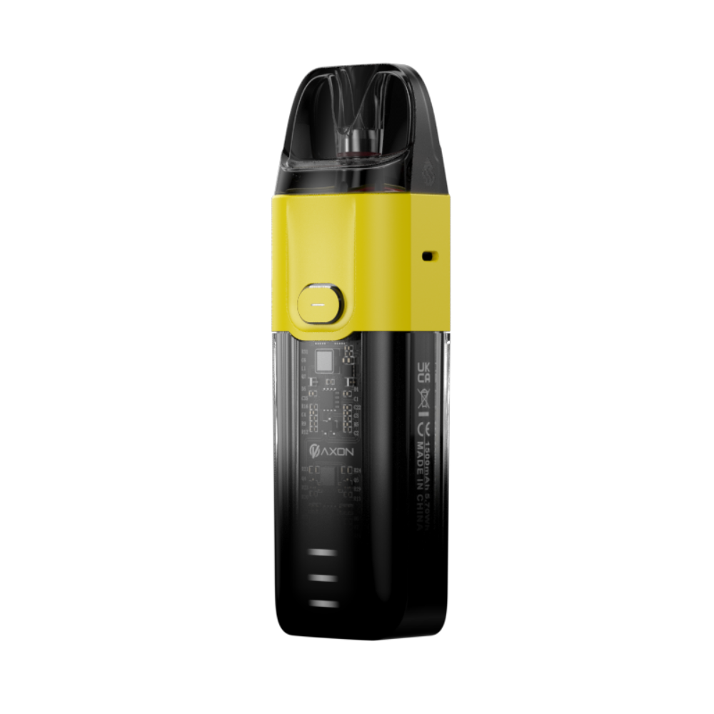 VAPORESSO LUXE X pod system in black and yellow, featuring AXON chip, transparent pod, and LED indicator