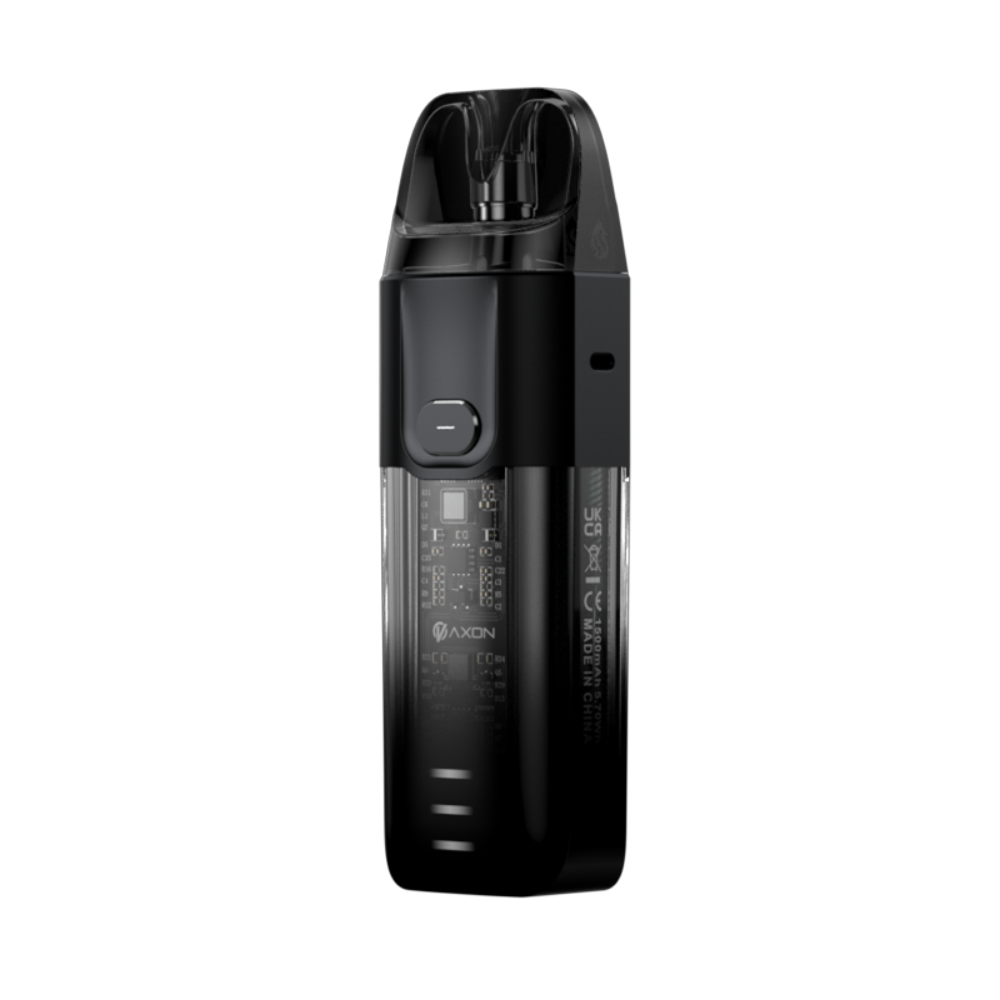 Vaporesso LUXE XR black vape device featuring AXON chip, 1500mAh battery, and transparent pod for superior vaping experience.