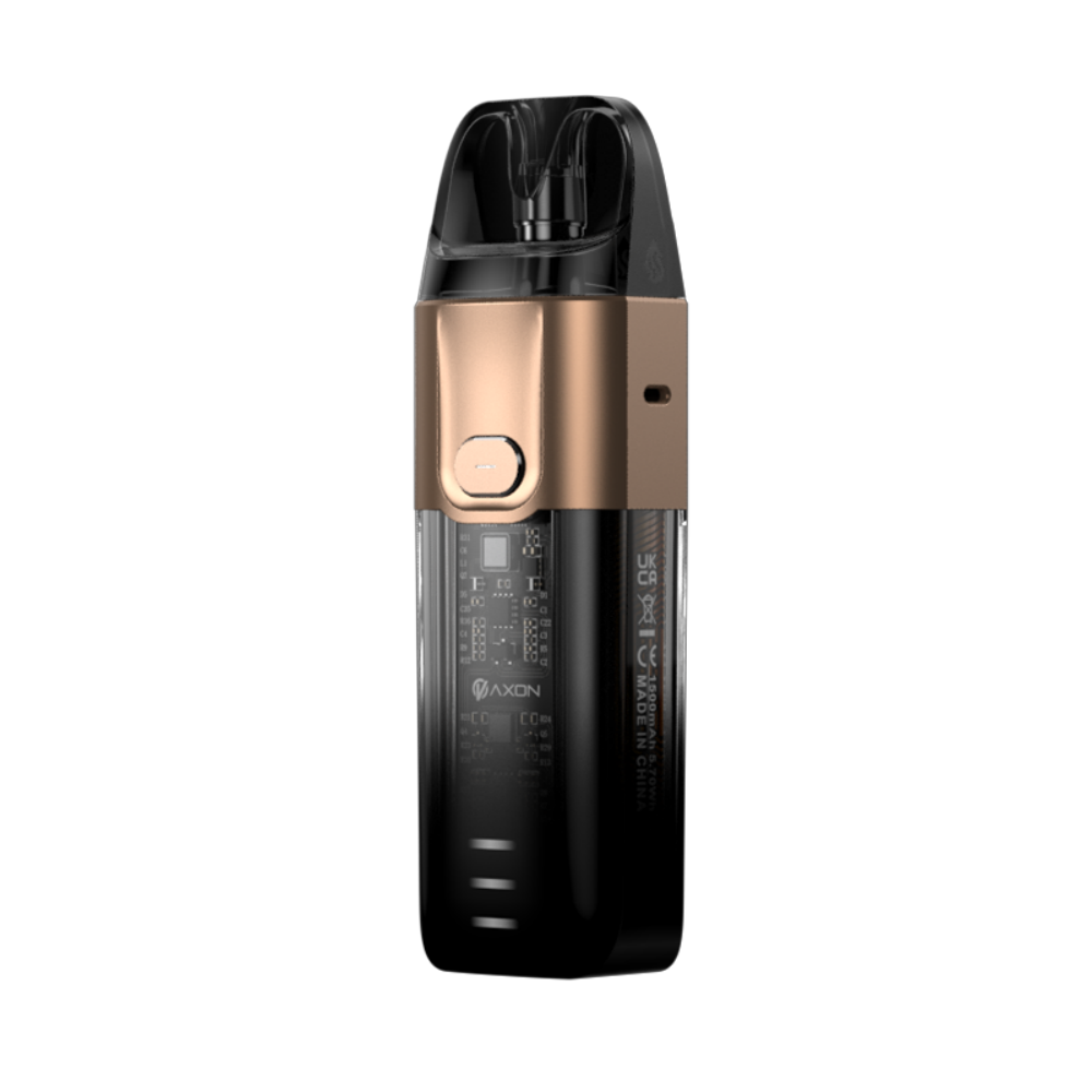 Vaporesso LUXE XR vape, featuring AXON chip, gold accent, and black design