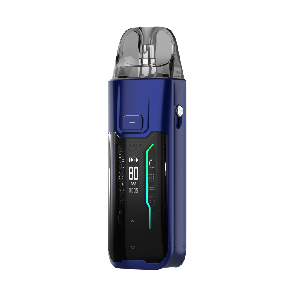 VAPORESSO LUXE XR MAX pod mod in deep blue, digital display showing 80W output, AXON chip