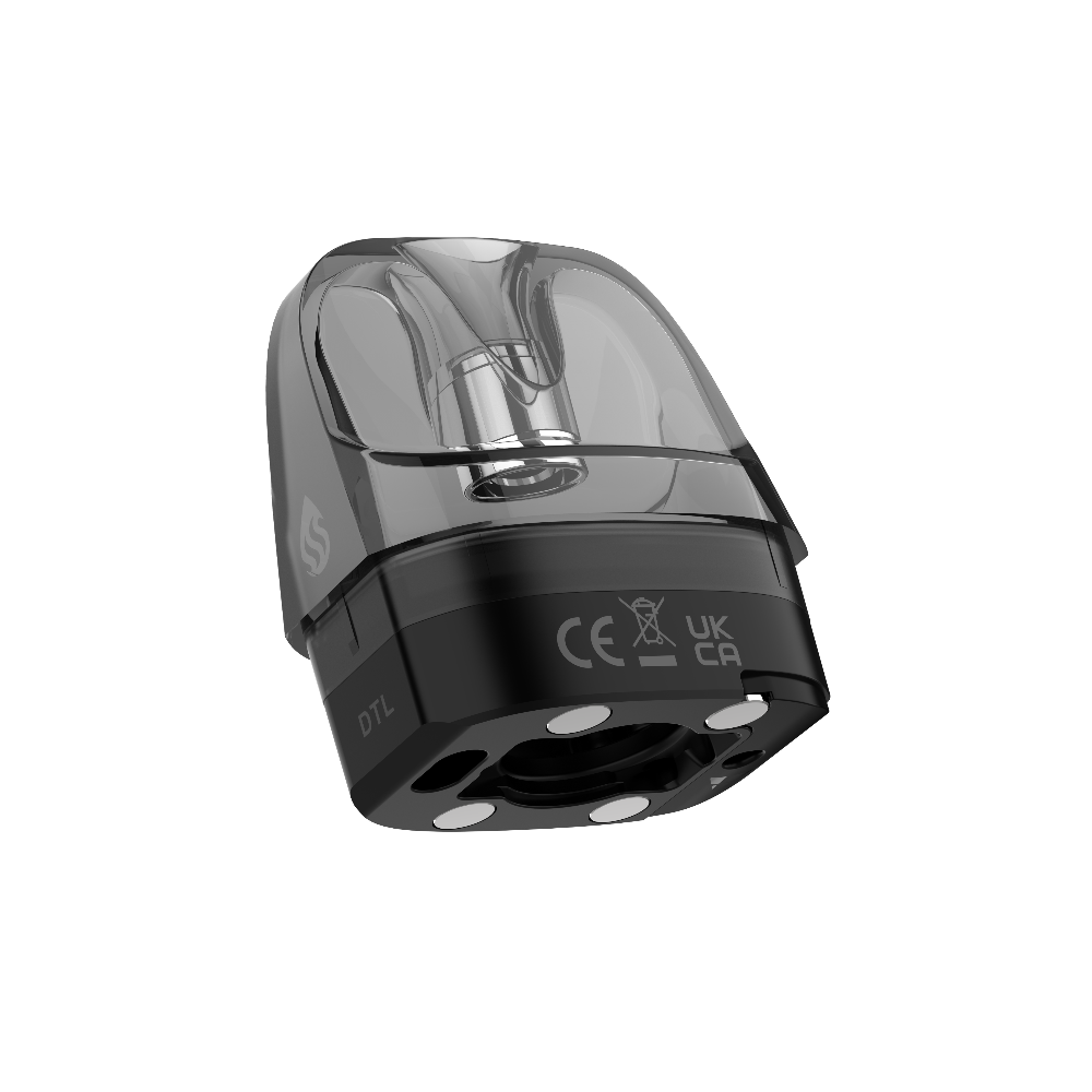 VAPORESSO LUXE XR DTL pod, 5ml refillable, black base with transparent top.