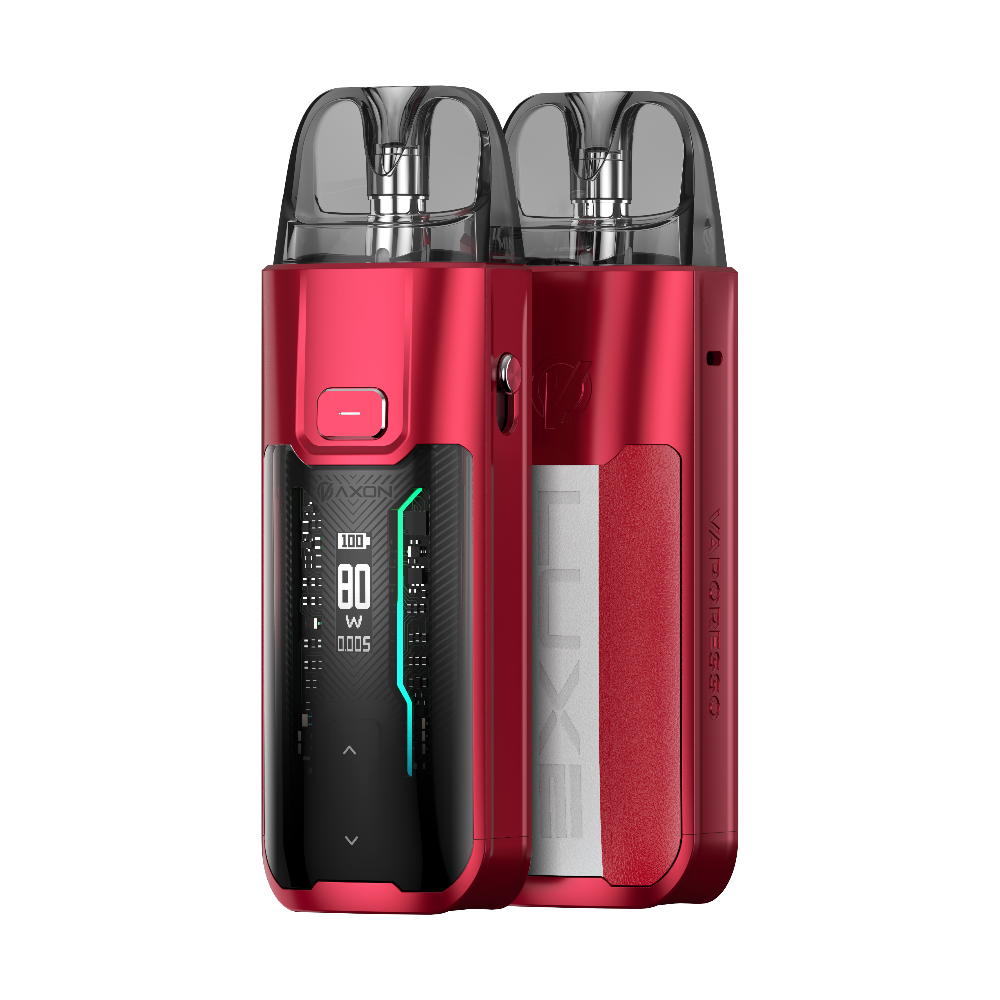 VAPORESSO LUXE XR MAX vape device in red, 80W output with digital display, LUXE branding, and AXON Chip