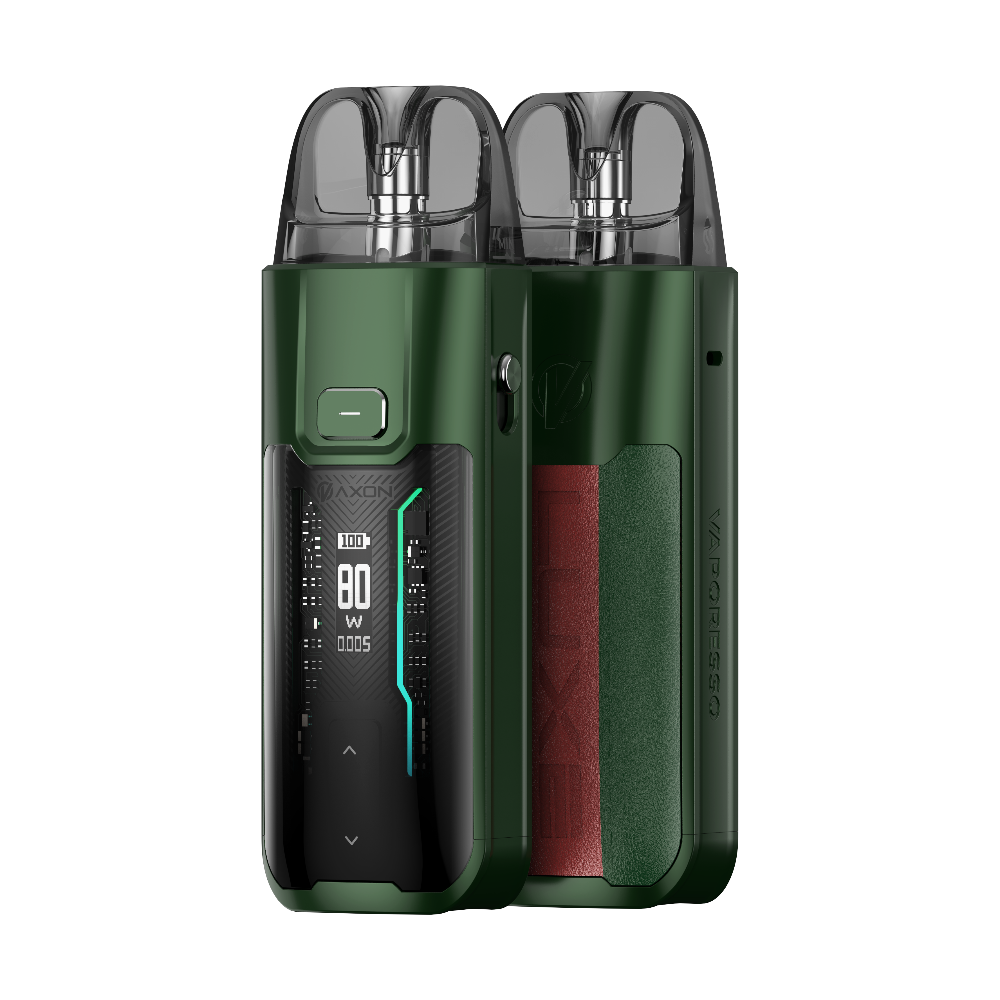 VAPORESSO LUXE XR MAX vape device in green with digital display, 80W output, and AXON Chip