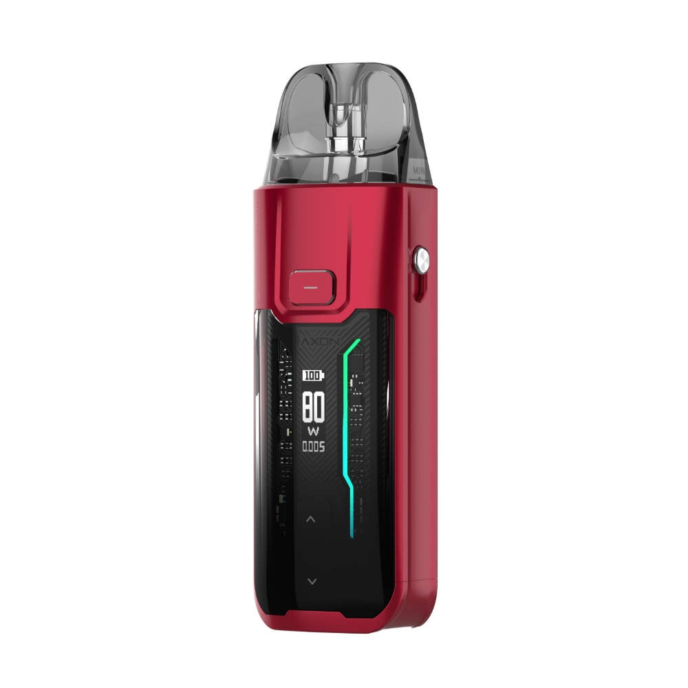 VAPORESSO LUXE XR MAX vape device in red with digital display showing 80W output and AXON Chip