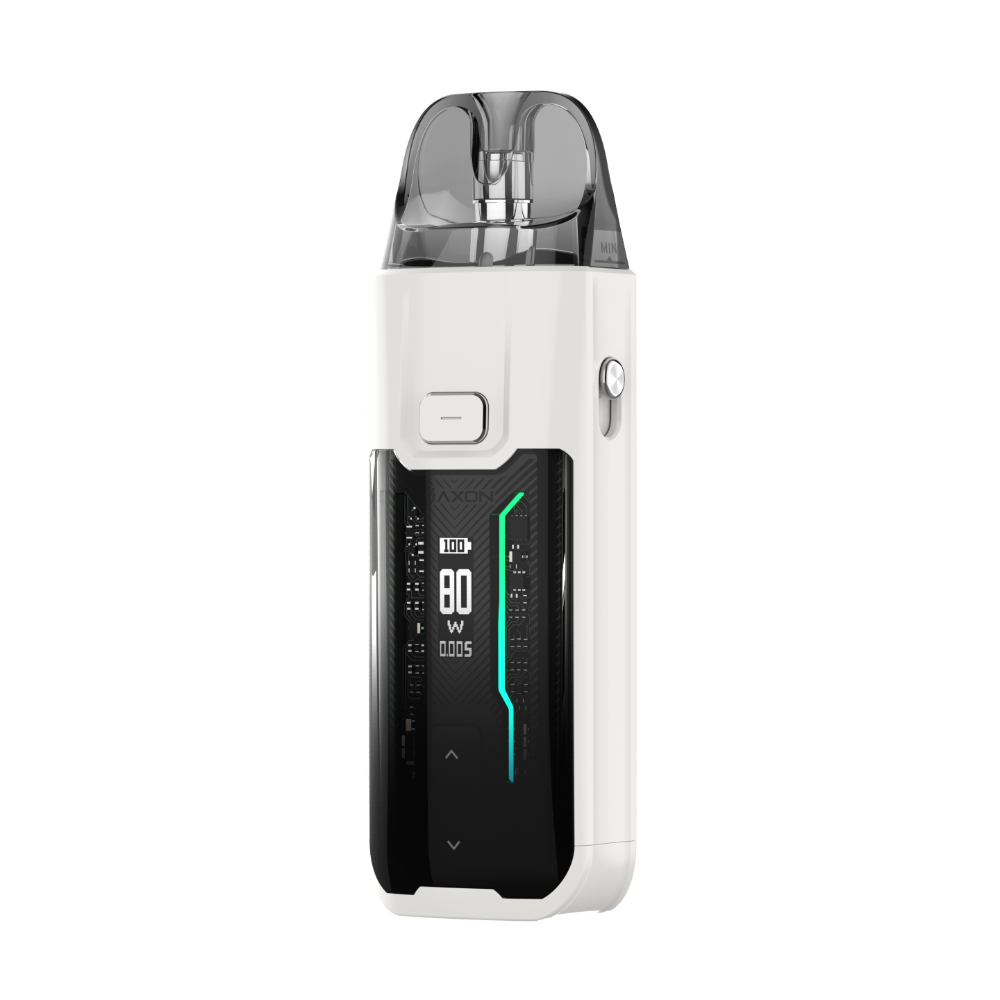VAPORESSO LUXE XR MAX white pod mod with digital display showing 80W output and AXON chip