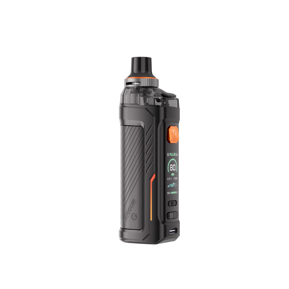 VAPORESSO ARMOUR G vape device, black with orange accents, 80W power display and Neo PULSE MODE.