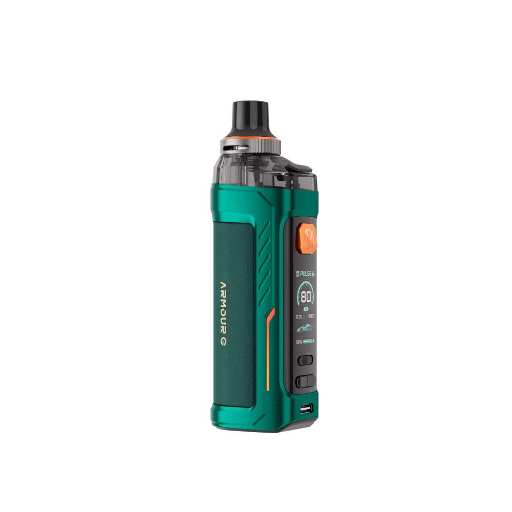 VAPORESSO ARMOUR G vape device in teal-green, with 80W power display and orange button