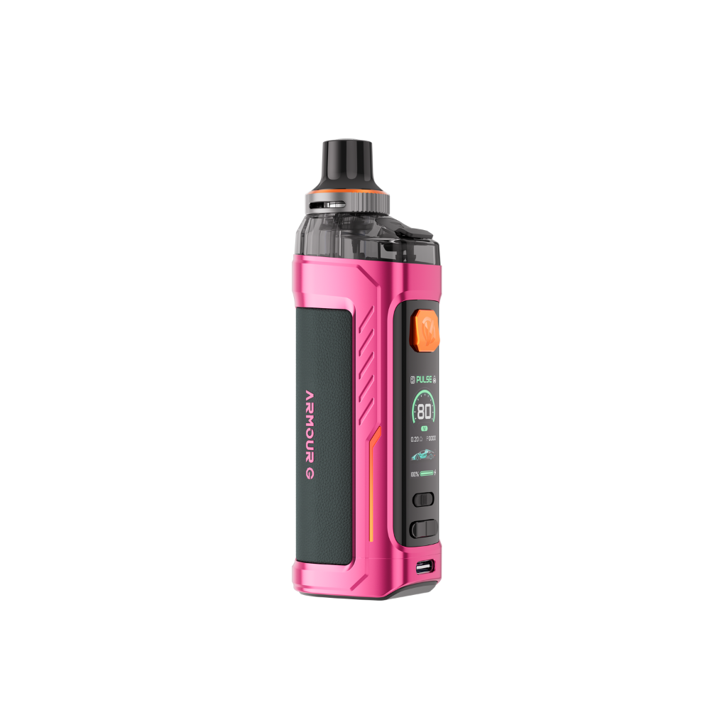 VAPORESSO ARMOUR G vape device in pink, with 80W power display and orange button