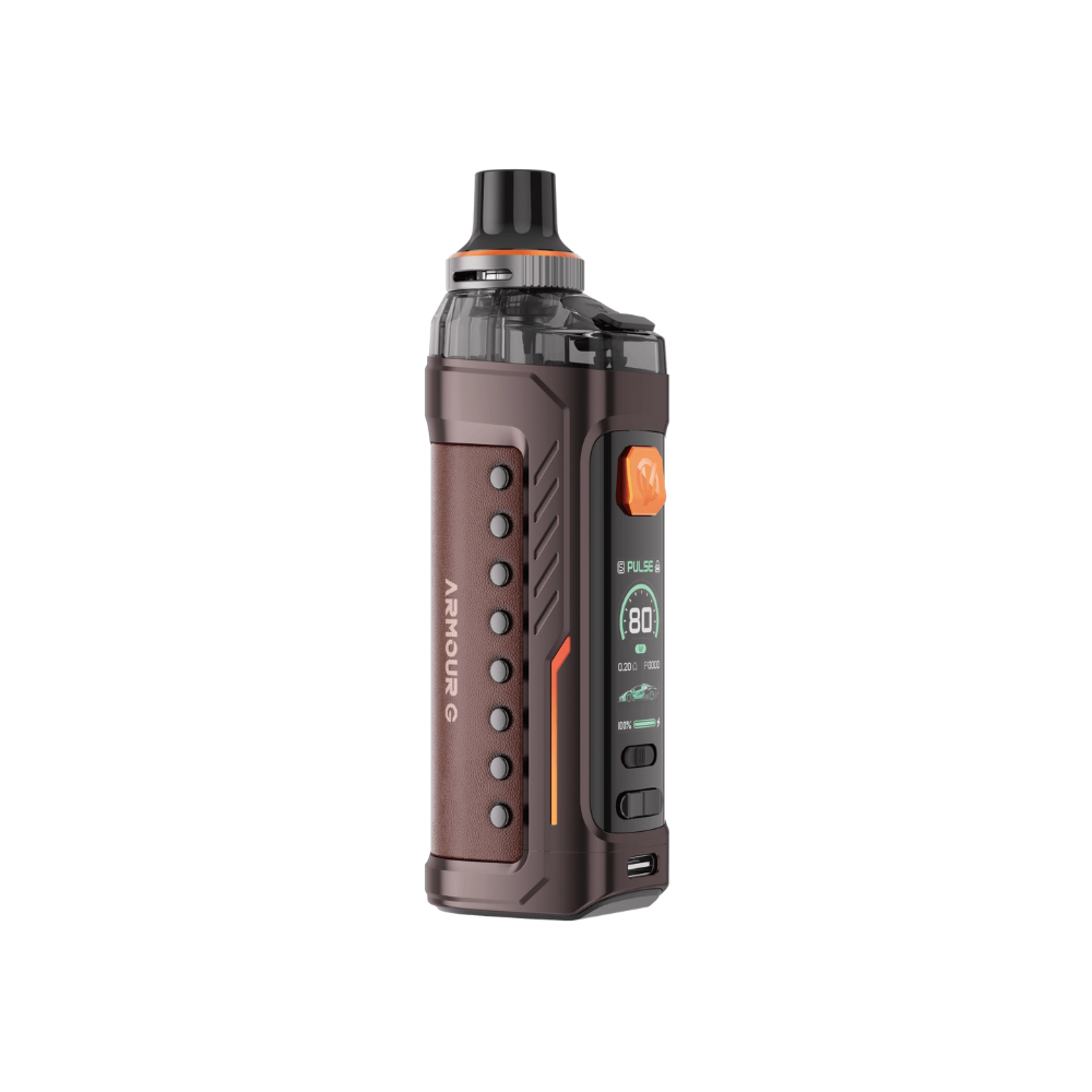VAPORESSO ARMOUR G vape device in brown and dark gray, 80W power, Neo PULSE MODE.