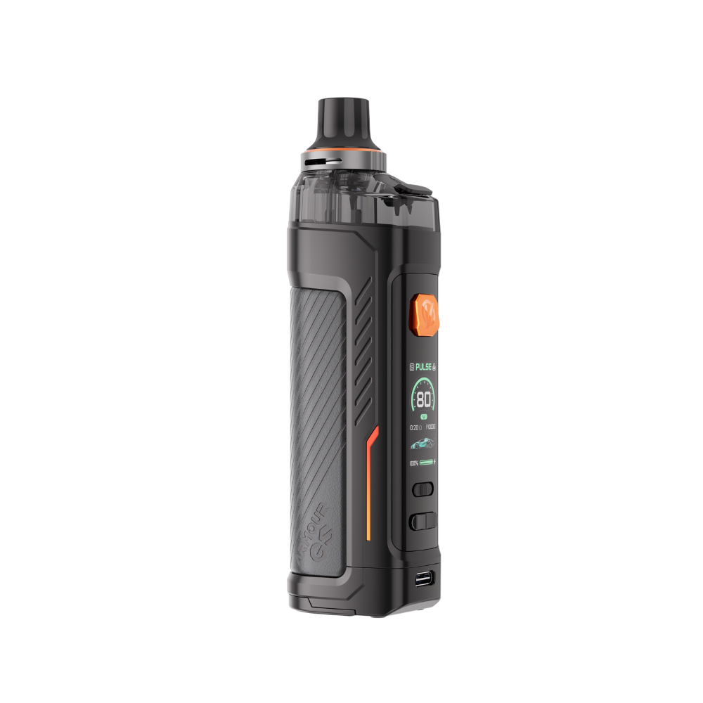VAPORESSO ARMOUR GS Pod Mod in black with orange accents, digital display showing 80W, and textured side panel.