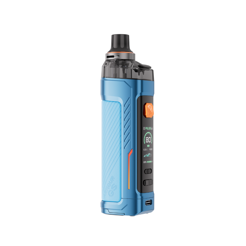 VAPORESSO ARMOUR GS Pod Mod in blue, digital display, orange button, and textured panel