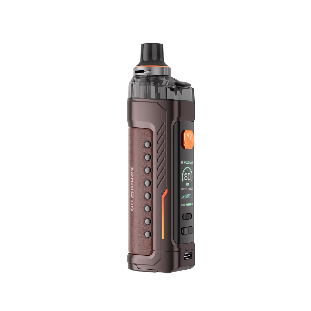 VAPORESSO ARMOUR GS Pod Mod in brown and leather, featuring digital display and orange button