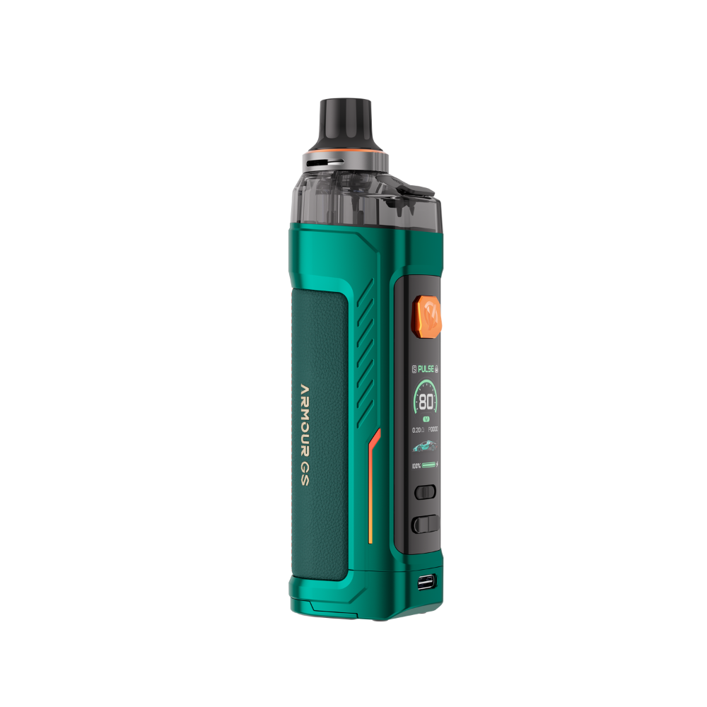 VAPORESSO ARMOUR GS Pod Mod in teal, digital display, and orange button