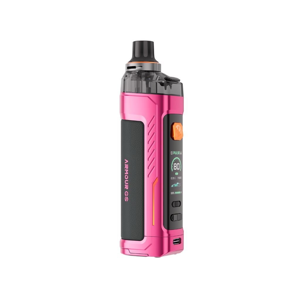 VAPORESSO ARMOUR GS pod mod in pink with digital display, orange button, and textured panel