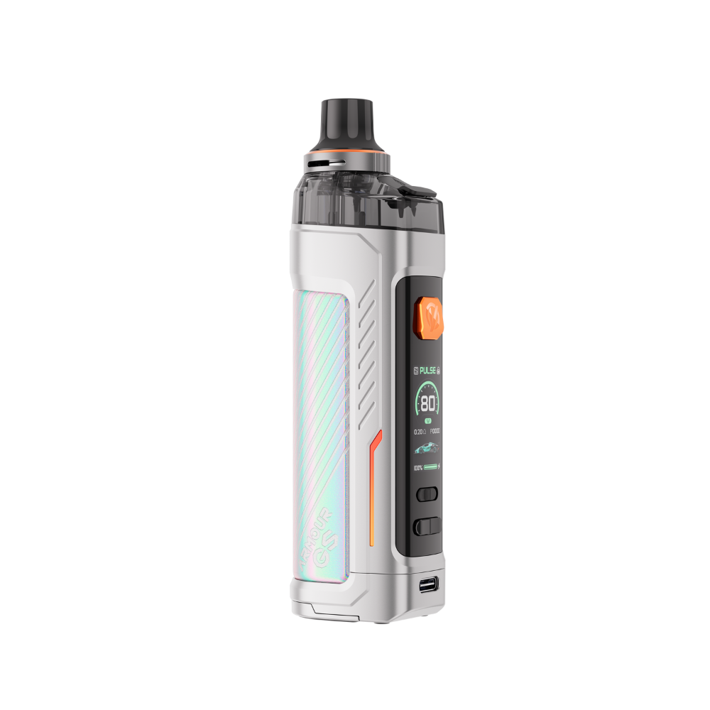 VAPORESSO ARMOUR GS Pod Mod in silver and black, digital display, orange button, and ARMOUR GS branding