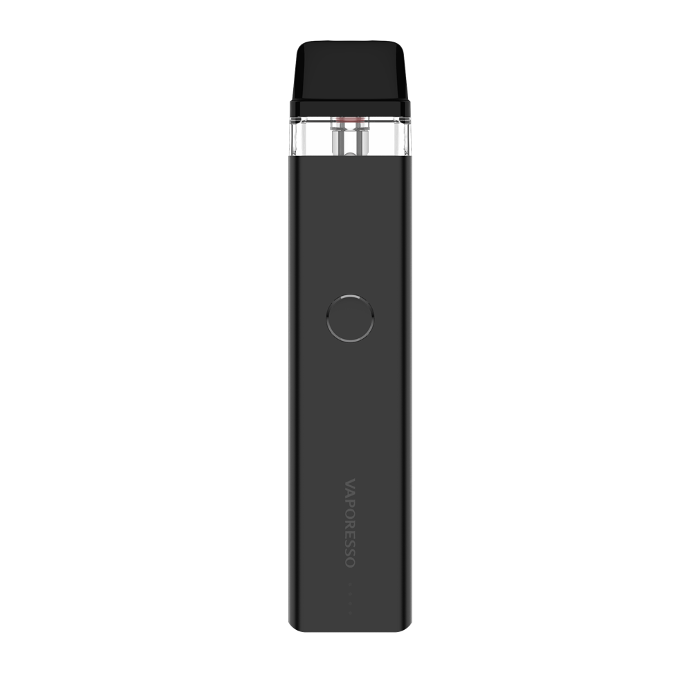 VAPORESSO XROS 2 vape device in black. Sleek and compact vaping device with button and logo.