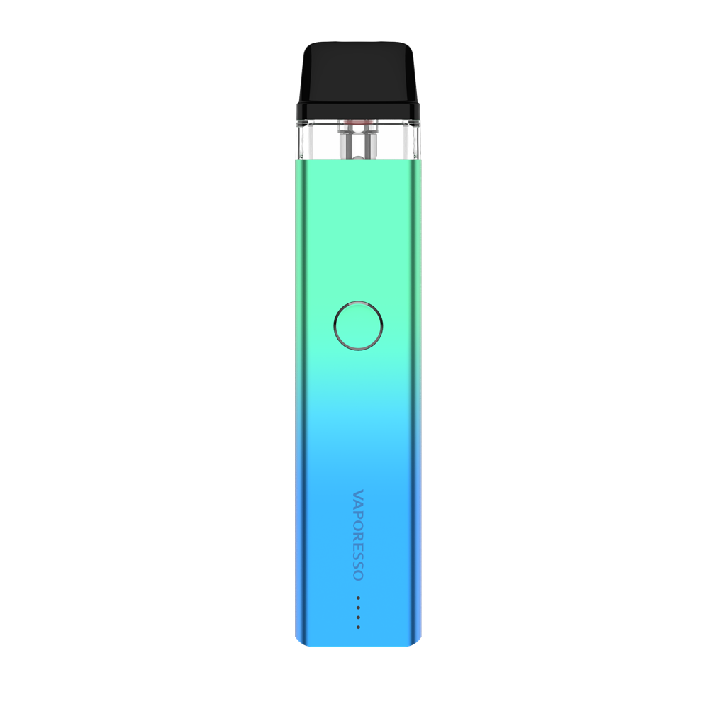 VAPORESSO XROS 2 vape device in gradient green to blue, featuring a button and brand logo, the new XROS 2