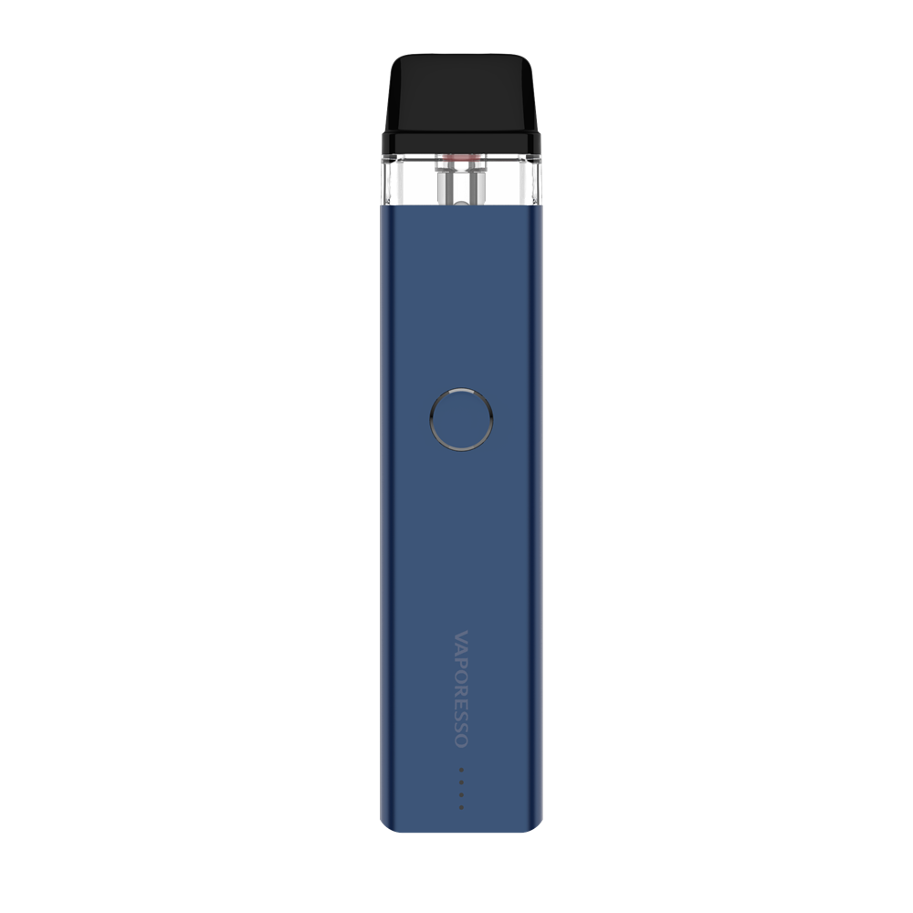 VAPORESSO XROS 2 vape device in blue. Features a button and brand logo, compact and stylish vaping device.