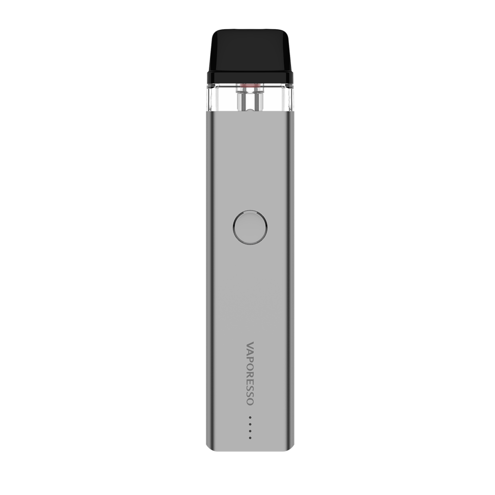 VAPORESSO XROS 2 vape device in silver with button, VAPORESSO logo. Stylish and compact vaping device.