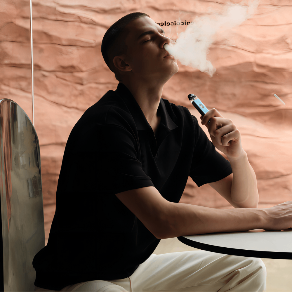 VAPORESSO XROS 4 Mini user vaping, enjoying the enhanced flavor and performance of the device.