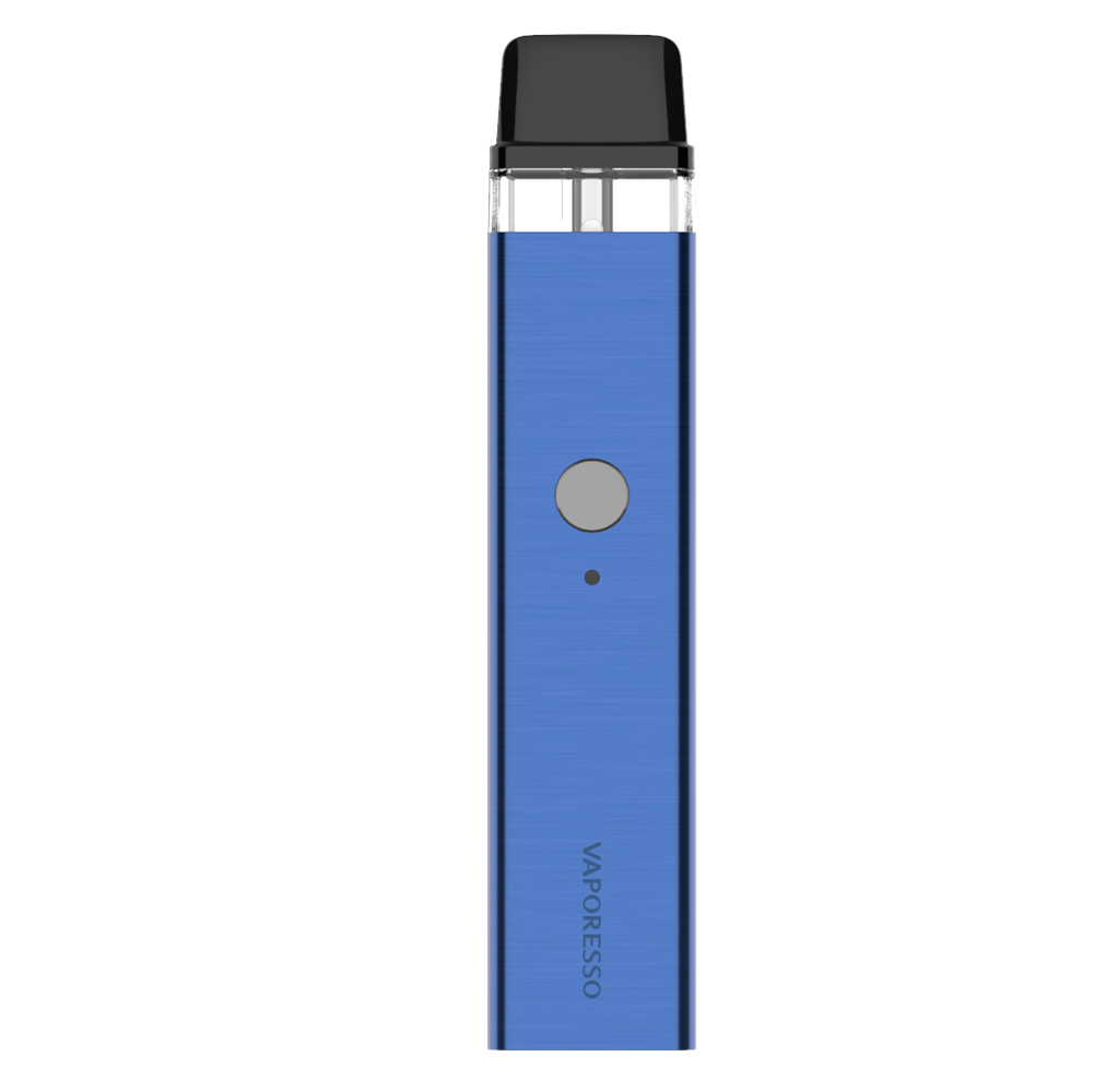 Vaporesso XROS vape in blue. Features the brand logo, button, and indicator light.