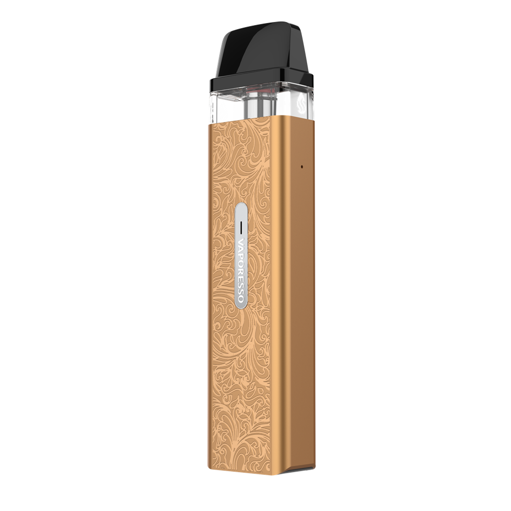 Vaporesso XROS Mini vape device in gold with patterned design, VAPORESSO logo. Compact MTL vaping device.
