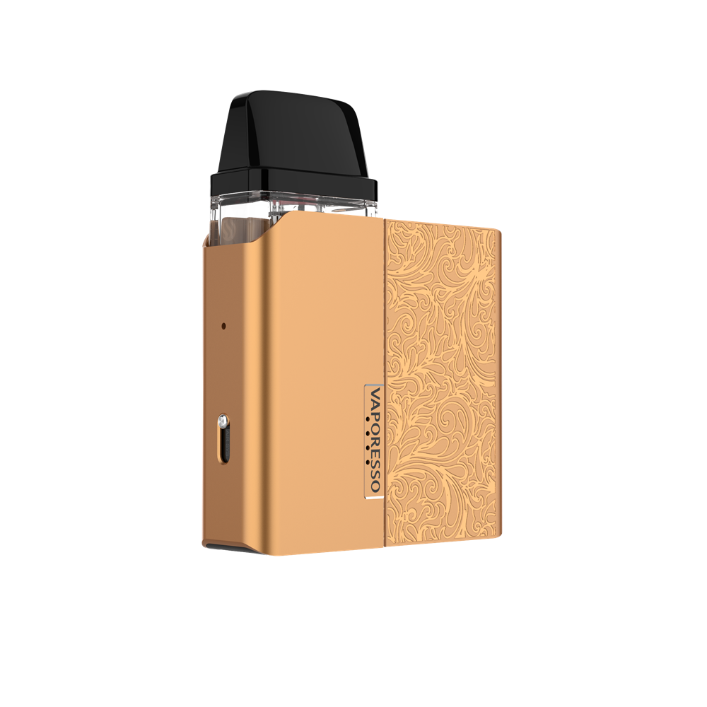 VAPORESSO XROS Nano vape in gold with floral design, featuring brand logo and stylish aesthetics