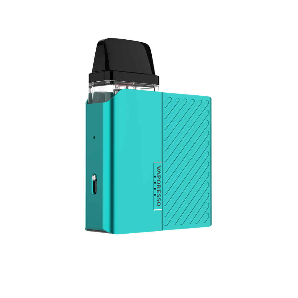 VAPORESSO XROS Nano vape in teal. Stylish, compact, and featuring the VAPORESSO logo. For the ultimate MTL vaping experience.