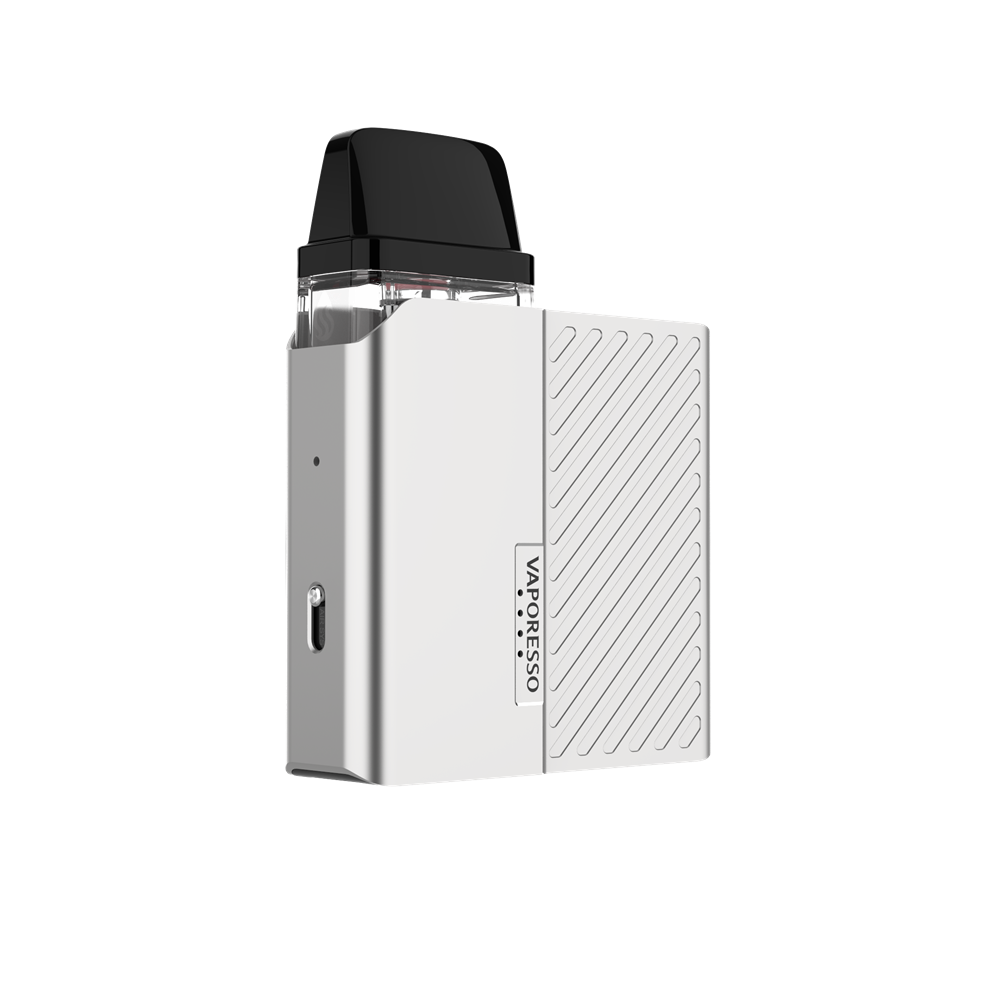 VAPORESSO XROS Nano vape in silver. Stylish design, compact, featuring brand logo and diagonal stripe detail.