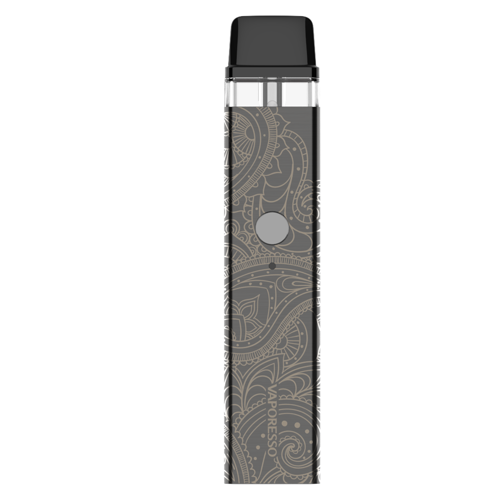 VAPORESSO XROS vape device in gray with ornate pattern.