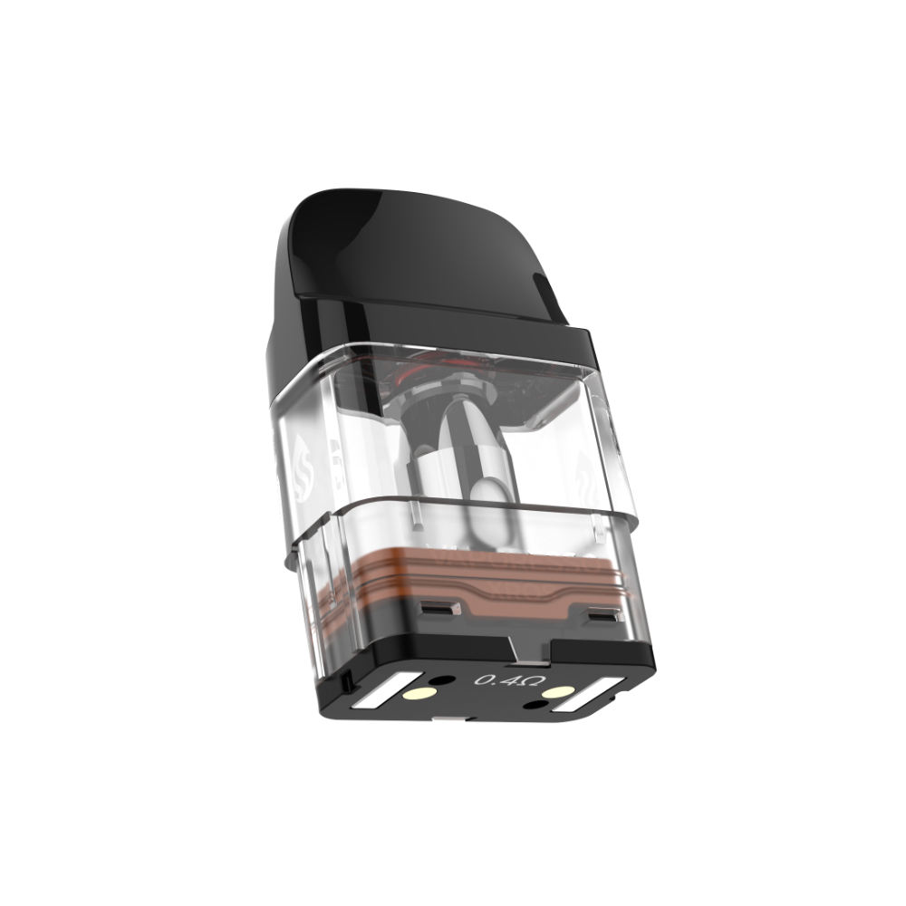 VAPORESSO XROS 0.4惟 pod: black mouthpiece, clear tank, copper coil. Ideal for flavorful vaping.