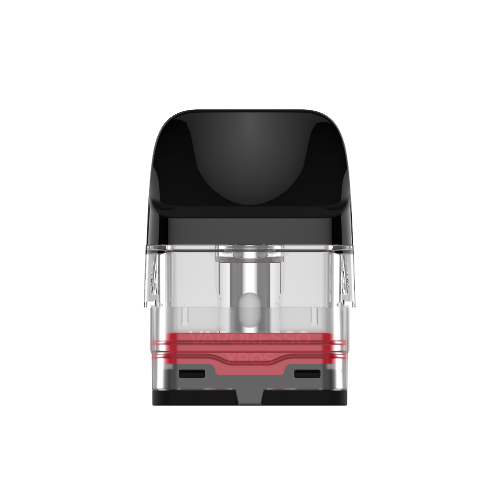 VAPORESSO XROS series pod with black mouthpiece, clear tank, and red VAPORESSO branding, perfect for vaping.