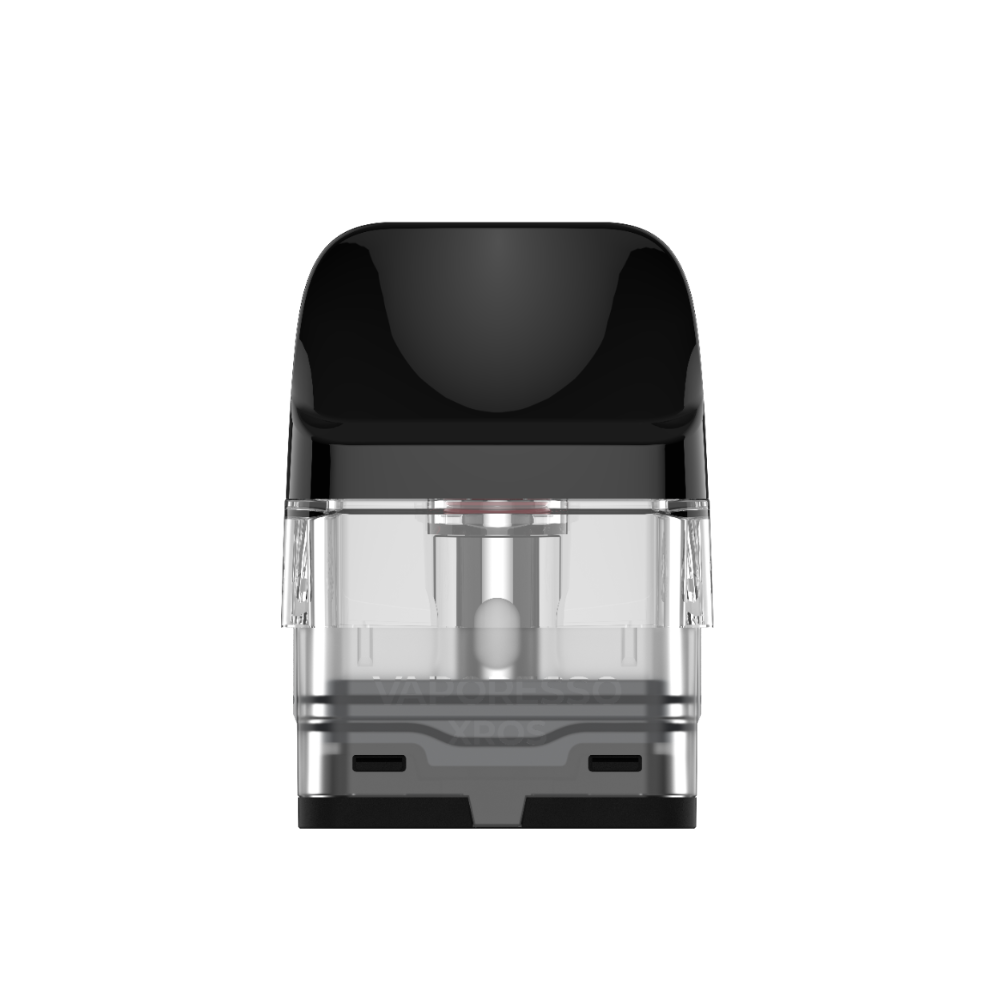 VAPORESSO XROS pod, black mouthpiece, clear tank, for flavorful vaping, VAPORESSO branding.