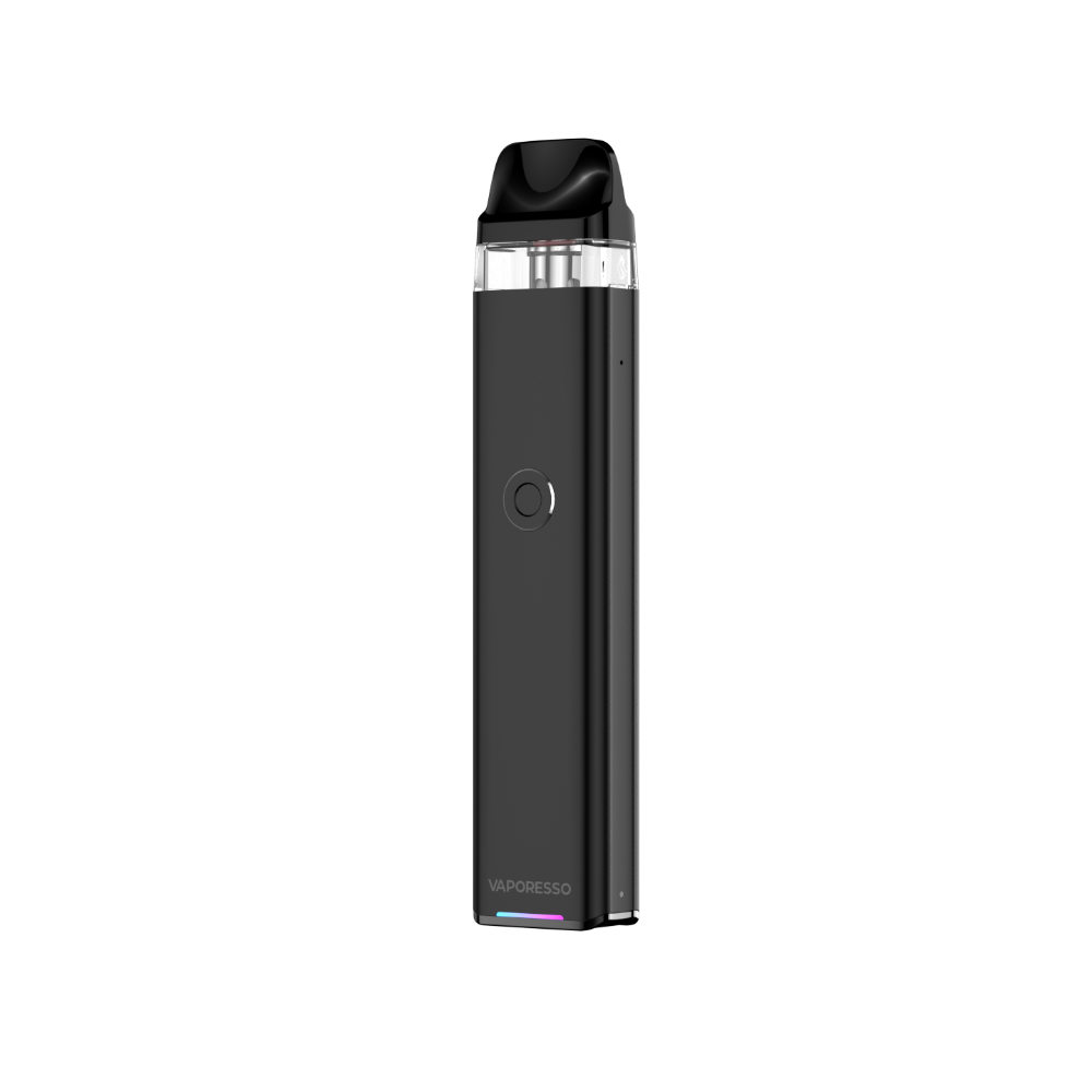 VAPORESSO XROS 3 vape in black, featuring logo and neon battery indicator