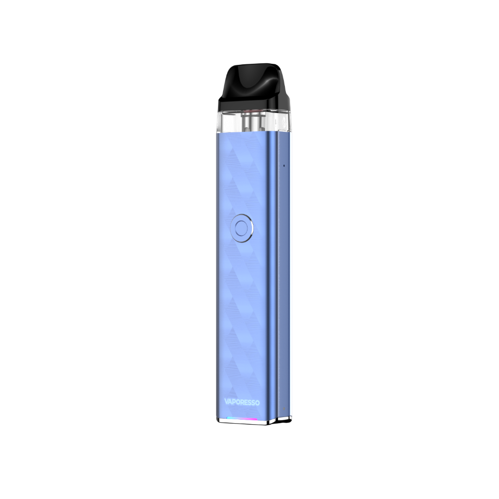 VAPORESSO XROS 3 vape in light blue, featuring diamond pattern, black mouthpiece and button, by VAPORESSO.