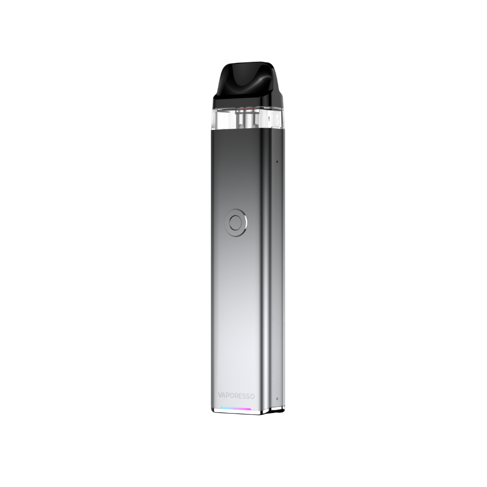 VAPORESSO XROS 3 vape in silver, featuring black mouthpiece, button, and neon battery indicator.