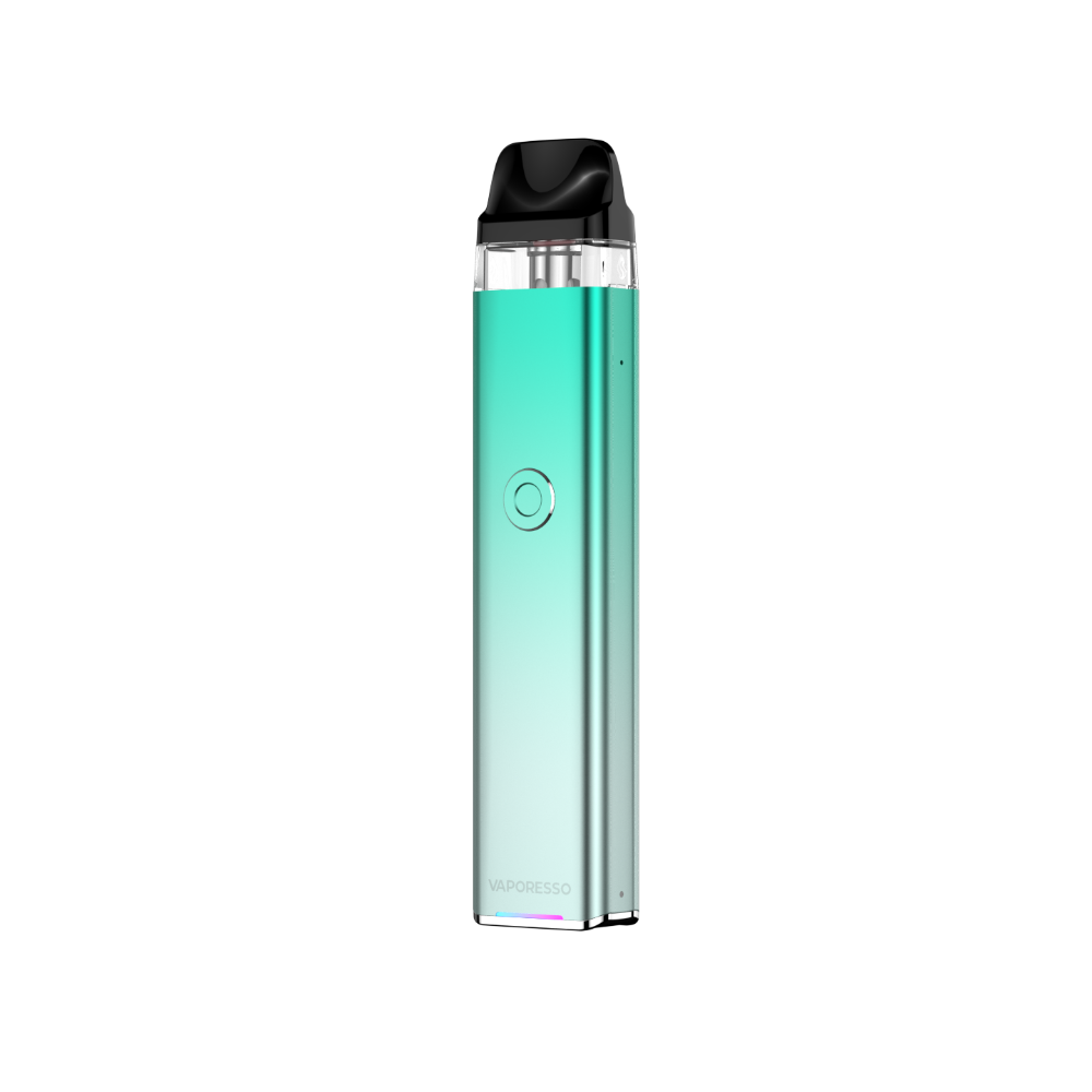 VAPORESSO XROS 3 vape in gradient teal, featuring black mouthpiece, logo, and neon battery indicator.