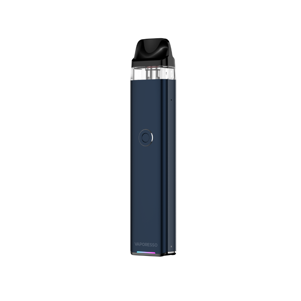 VAPORESSO XROS 3 vape in navy blue with neon battery indicator and logo