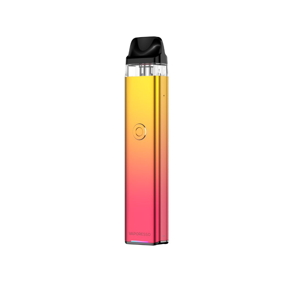 VAPORESSO XROS 3 vape in gradient yellow-orange-pink, black mouthpiece, featuring logo