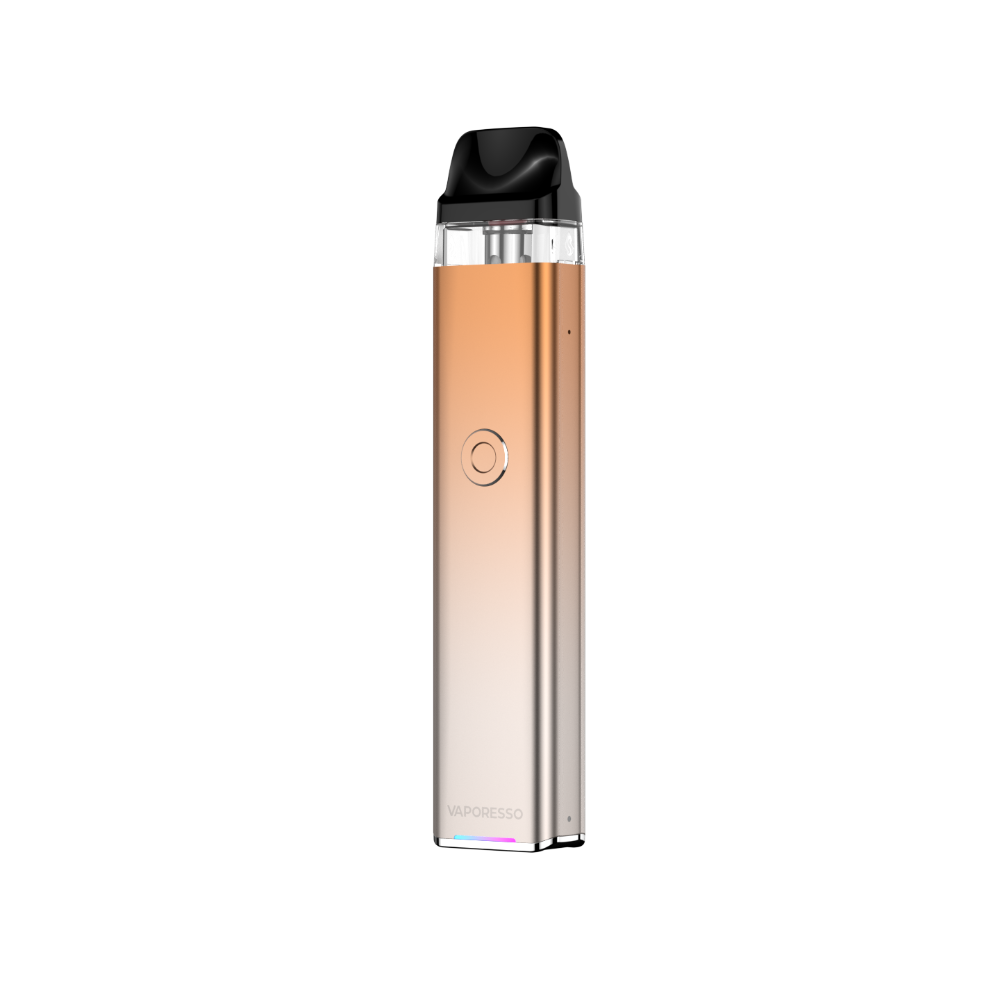 VAPORESSO XROS 3 vape in gradient gold and silver, black mouthpiece and button, featuring logo and neon battery indicator