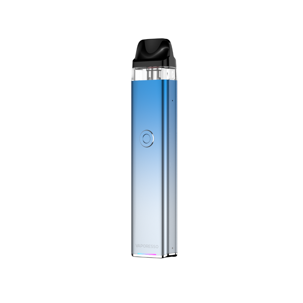 VAPORESSO XROS 3 vape in gradient blue and silver with black mouthpiece, featuring logo and neon battery indicator