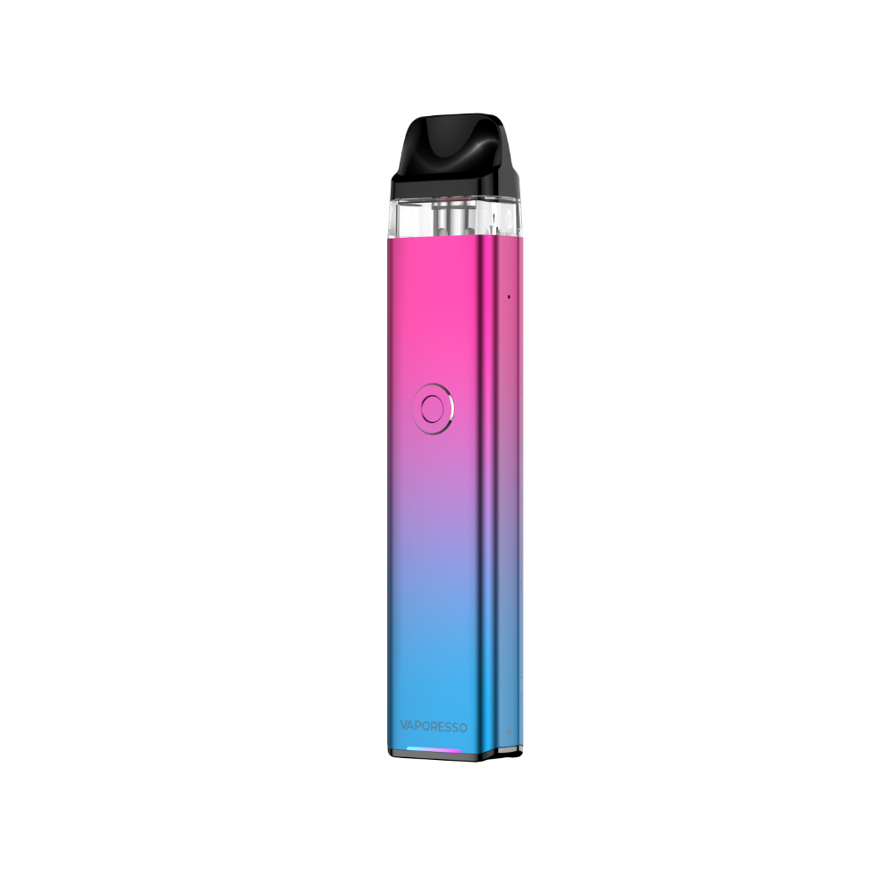 VAPORESSO XROS 3 in gradient pink/purple/blue, featuring black mouthpiece, button, and neon battery indicator