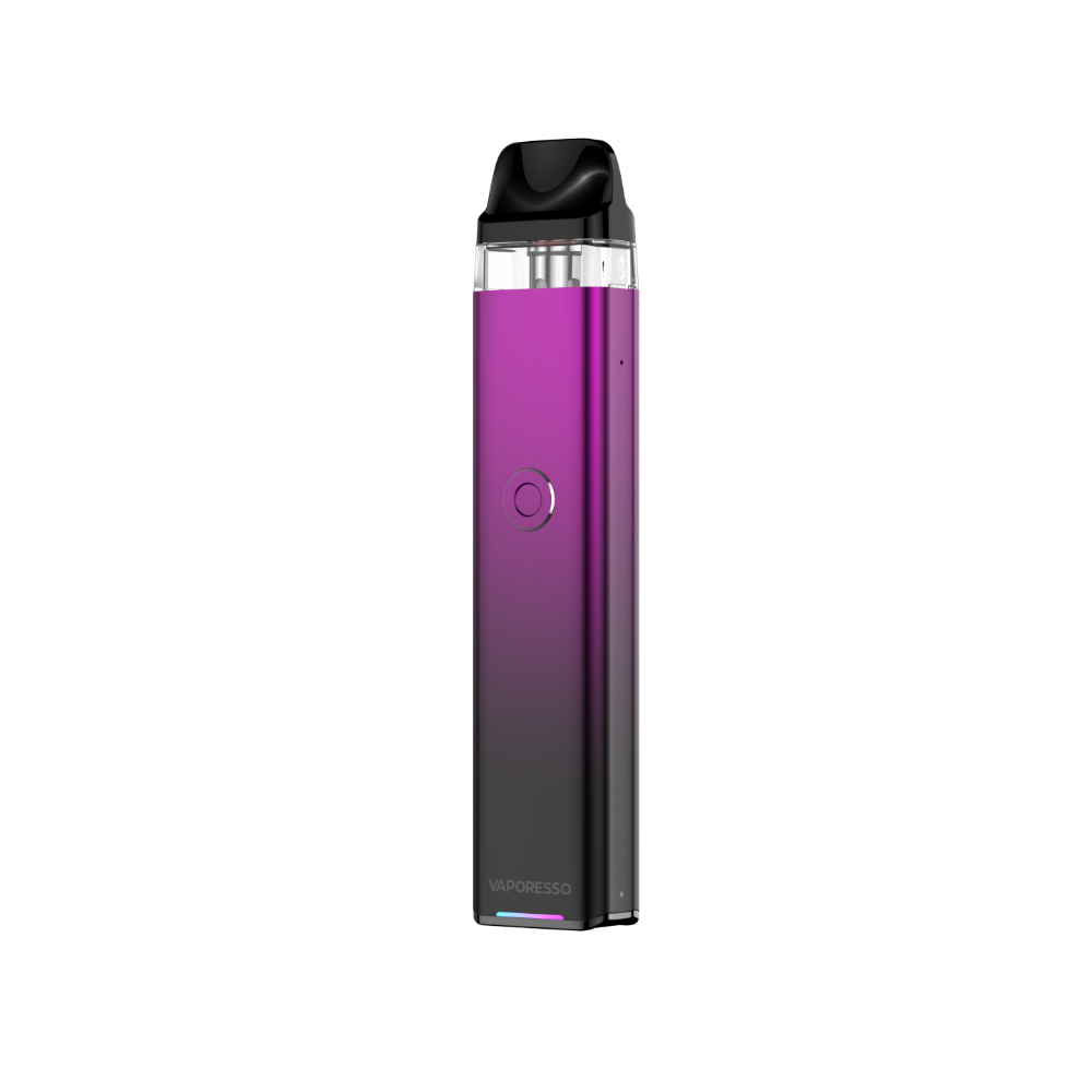 VAPORESSO XROS 3 vape in gradient purple and black, featuring logo and neon battery indicator