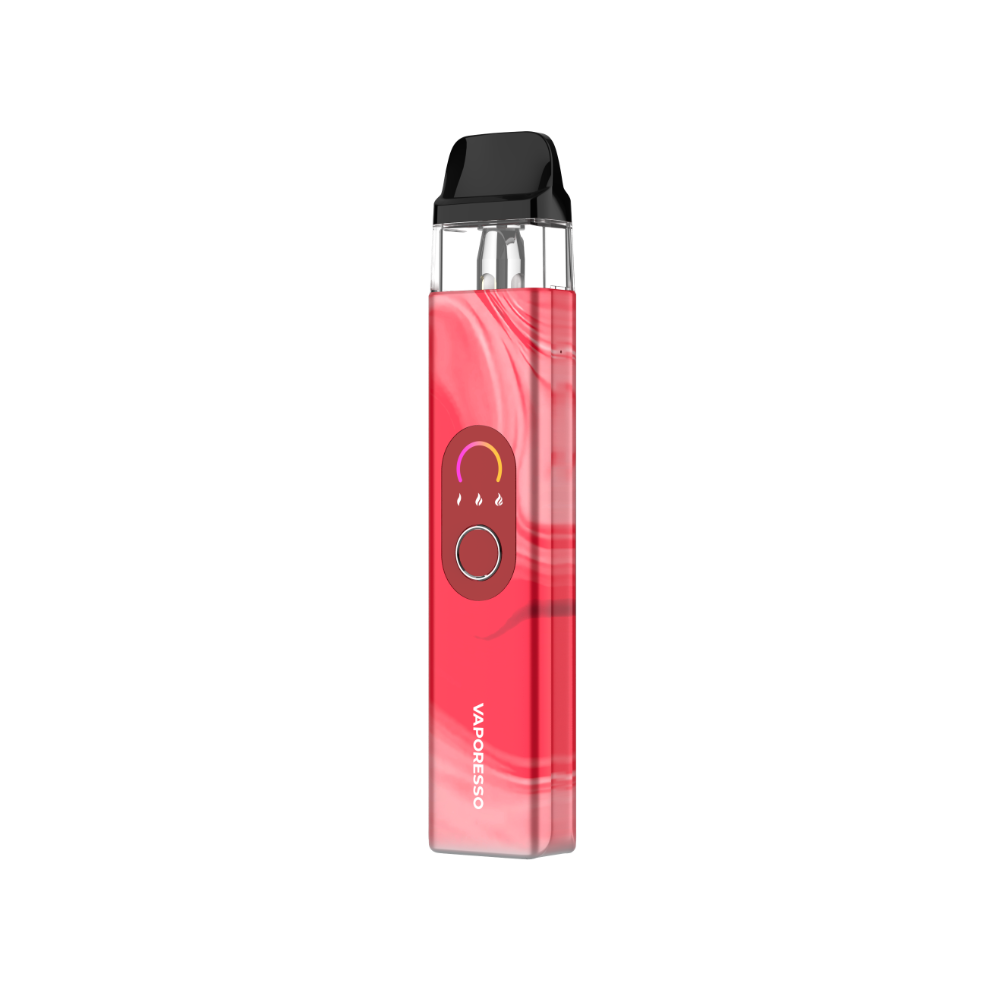 Vaporesso XROS 4 vape in red with swirling design, featuring brand logo and user interface for easy vaping.