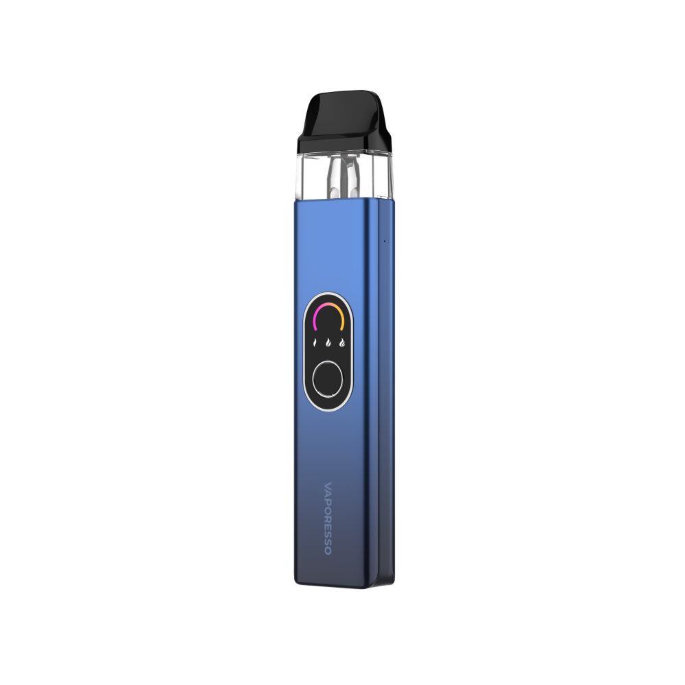 VAPORESSO XROS 4 vape device in blue with display and button. Features brand logo, modern vaping technology.
