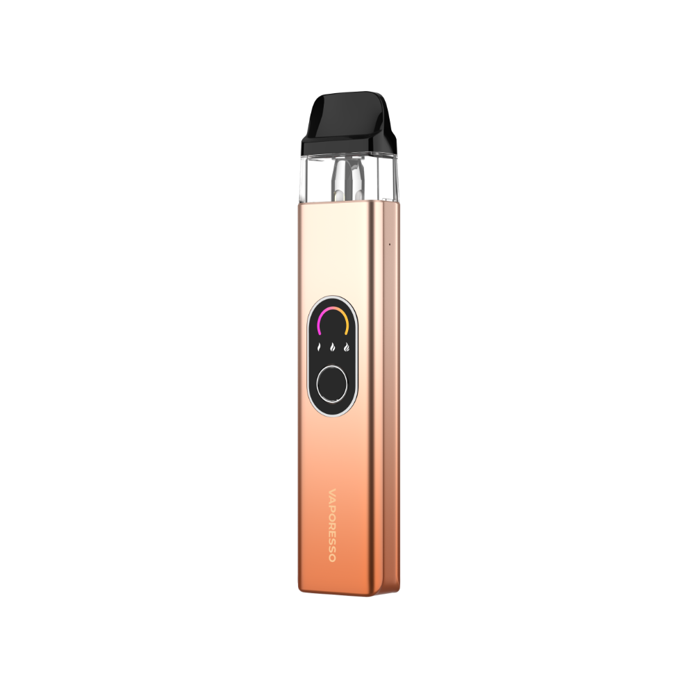 Vaporesso XROS 4 vape device in copper color, featuring user-friendly interface and brand logo, perfect for easy vaping.