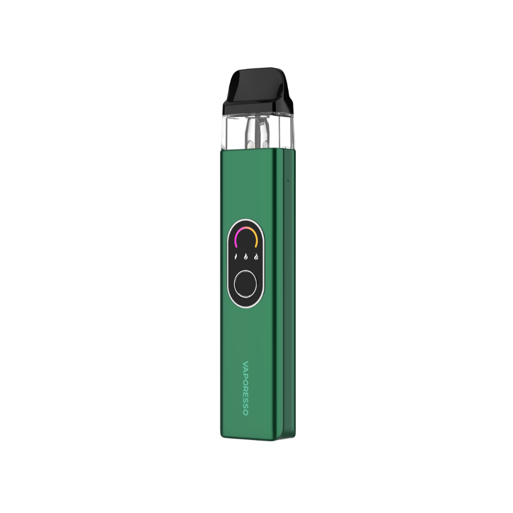Vaporesso XROS 4 vape device in green. Features brand logo, display, and button for easy vaping.